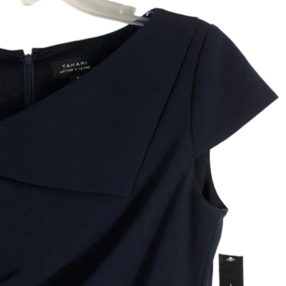 Tahari ASL Navy Asymmetric Collared Sheath Dress 6 - Picture 6 of 16